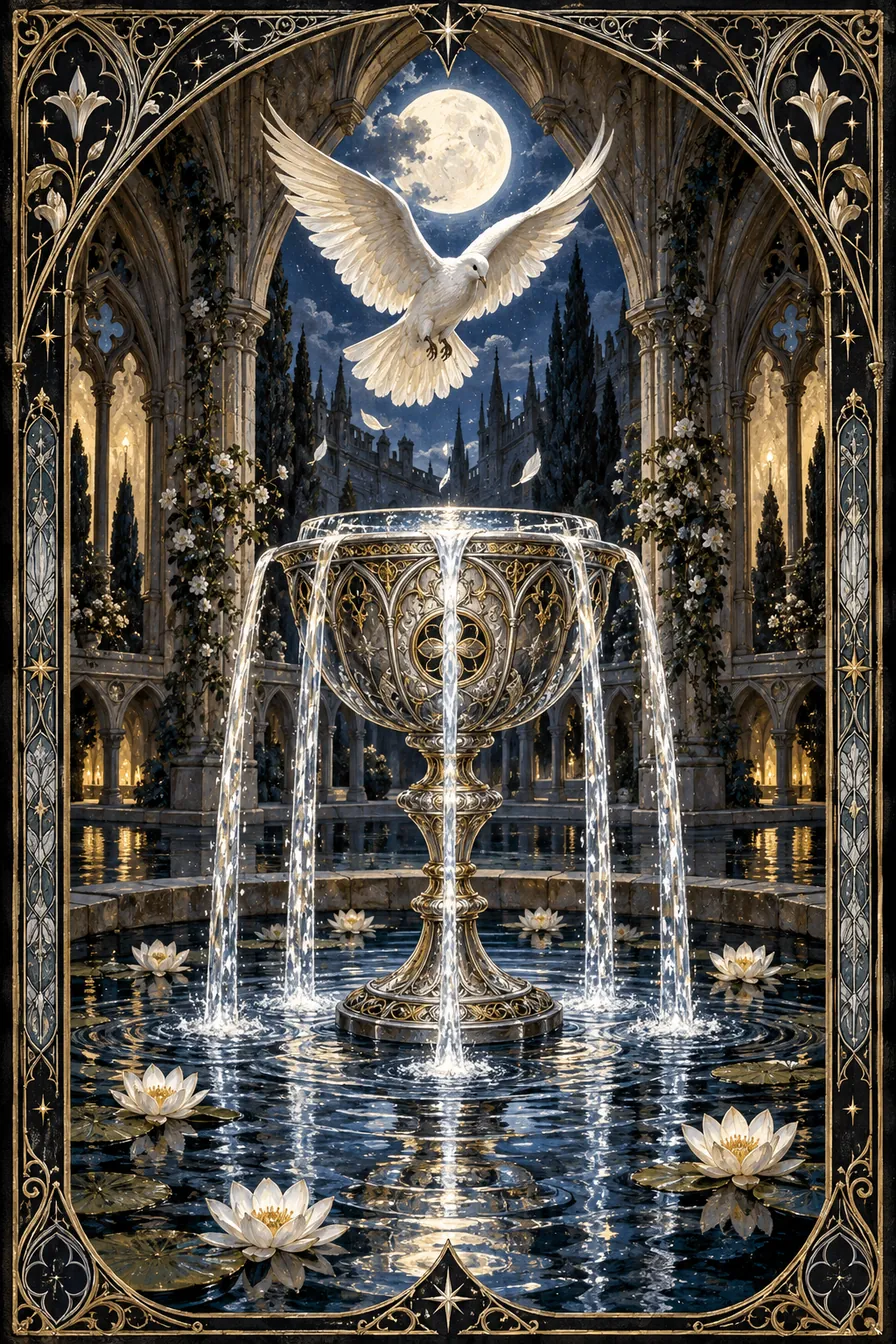 Ace of Cups: The solitary cup offers water within the stone sanctuary, a living source in a place of quiet reflection.
