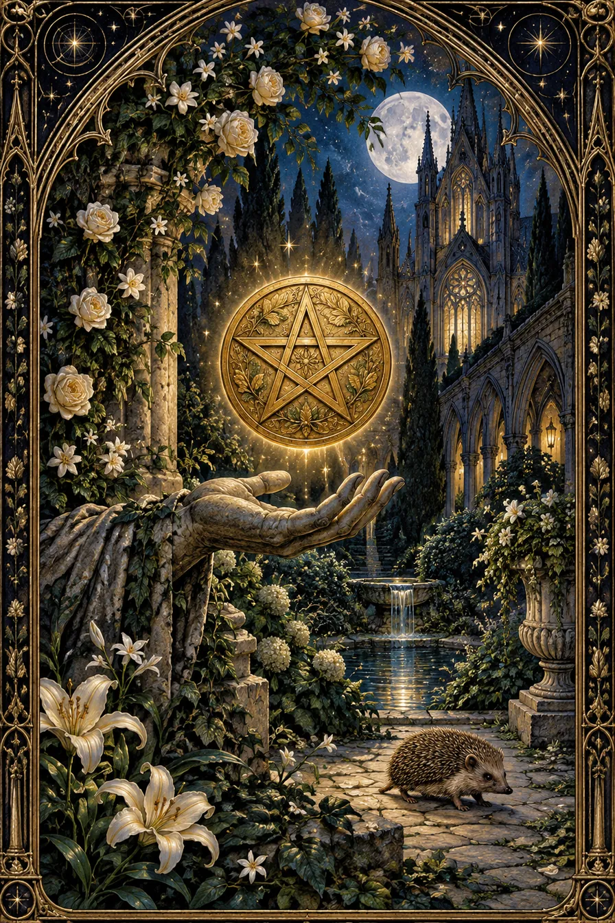 Ace of Pentacles: The golden pentacle above a stone hand brings possibility into the material world: time, shelter, work, and care.