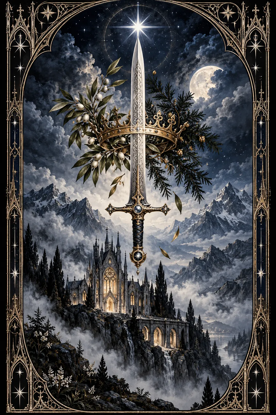 Ace of Swords: The single silver blade brings a line of clarity into the cathedral's shadows.