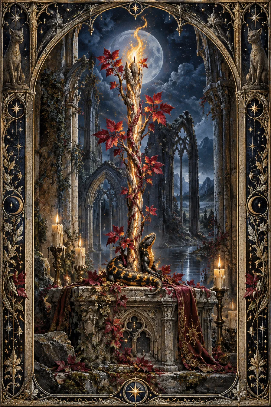 Ace of Wands: The single living wand carries fire into the cathedral's cool stone, making potential visible before a plan exists.