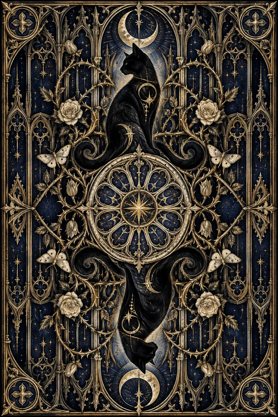 Reversible Gothic card back with mirrored cats around a celestial rose window