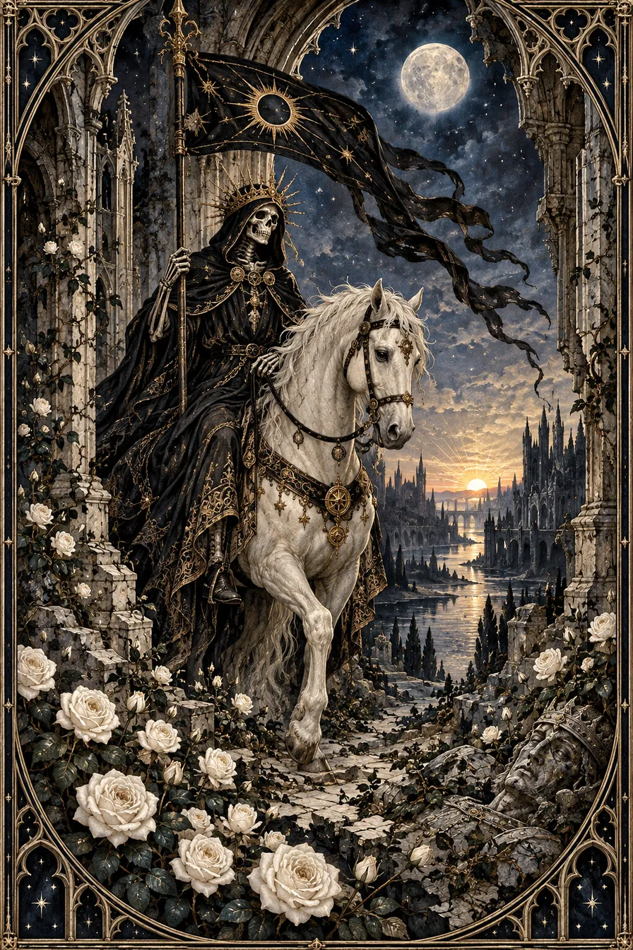 Death: The skeletal rider beneath the arch embodies the passage of seasons and identities, not a prediction of physical death.