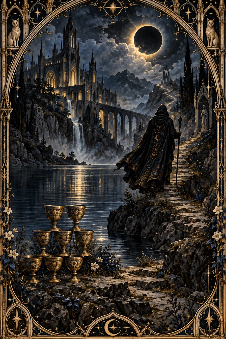 Eight of Cups: The moonlit passage beyond the cups embodies a search for meaning that possessions or appearances cannot complete.