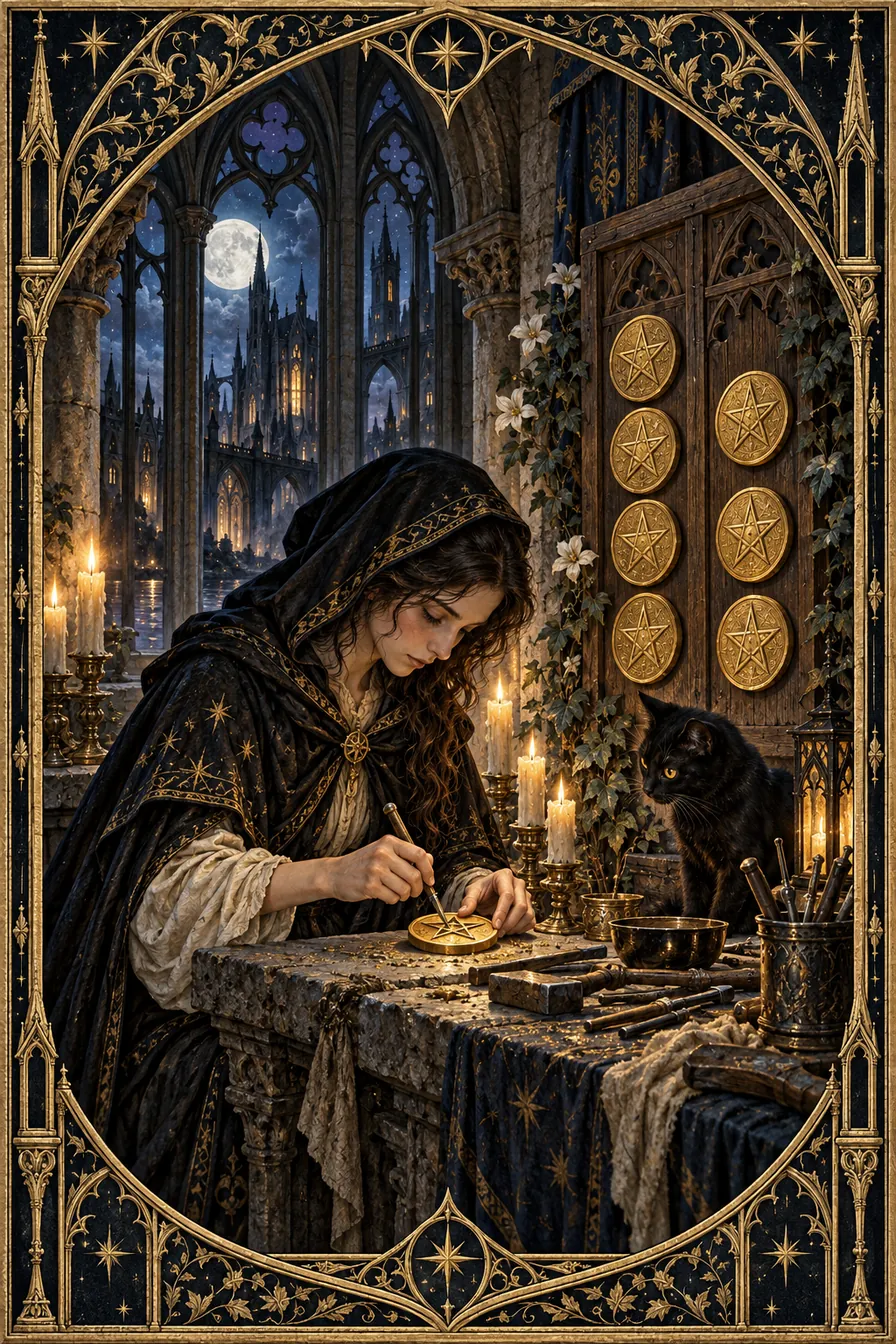 Eight of Pentacles: The craftsperson's worked pentacles make learning visible through successive acts of care.