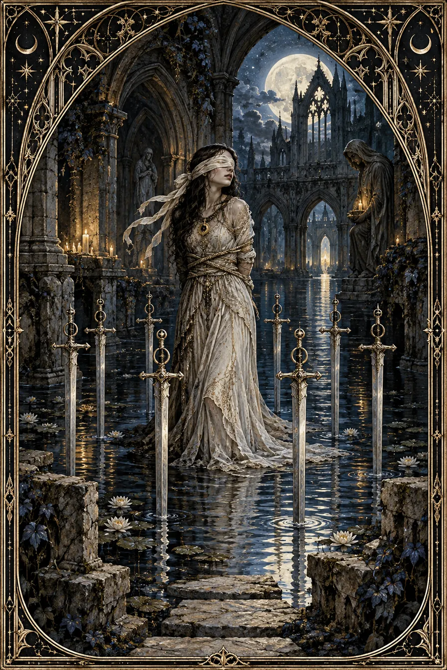 Eight of Swords: The circle of swords frames an apparent enclosure, inviting examination of both actual barriers and fearful interpretation.