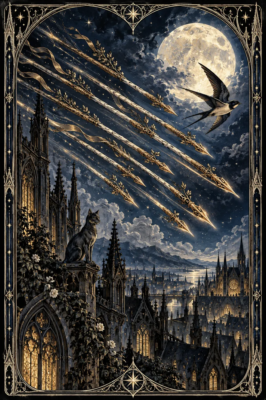 Eight of Wands: The flight of eight wands cuts through the still Gothic sky, making speed and trajectory the central symbols.