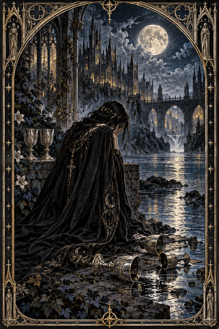 Five of Cups: Fallen and standing cups share the same scene, giving loss and continuing possibility equal reality.