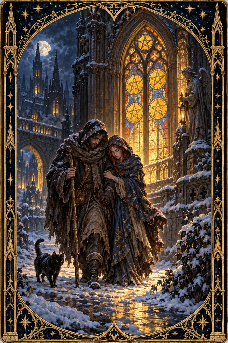 Five of Pentacles: The cold cathedral threshold and illuminated pentacles hold need beside the possibility of shelter.