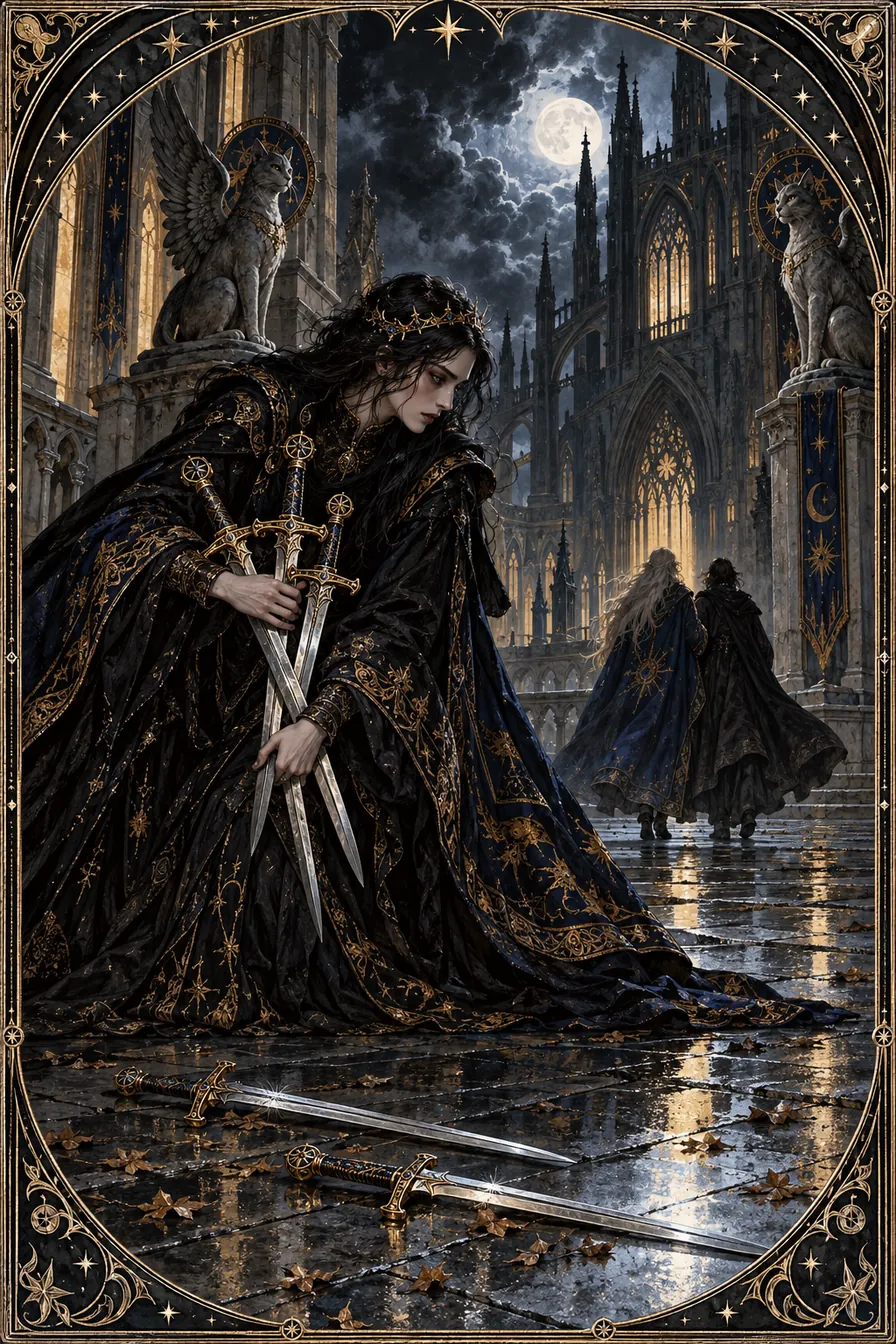Five of Swords: The aftermath of the sword contest makes the human cost of victory visible.
