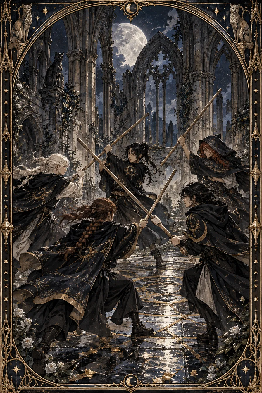 Five of Wands: Crossing wands turn the cathedral court into a rehearsal for strength, skill, and learning to share space.