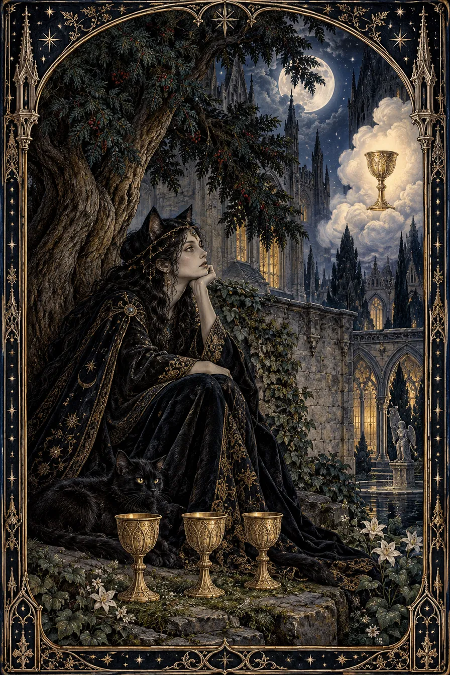 Four of Cups: The still arrangement of cups holds both emotional weariness and the possibility of an unnoticed invitation.