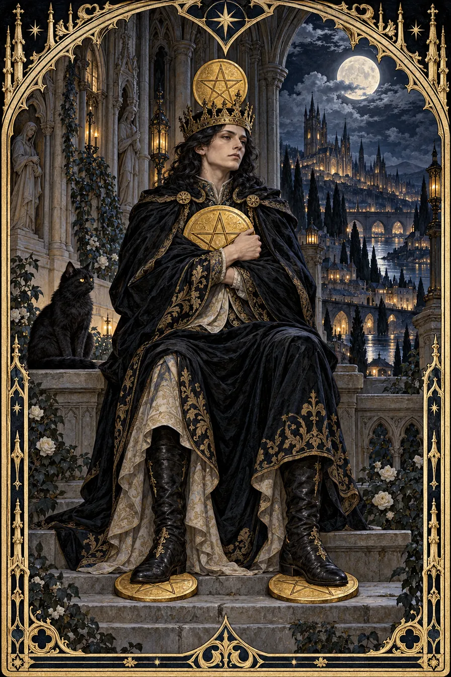 Four of Pentacles: Four pentacles create a guarded enclosure around the figure, making security and restriction visible together.