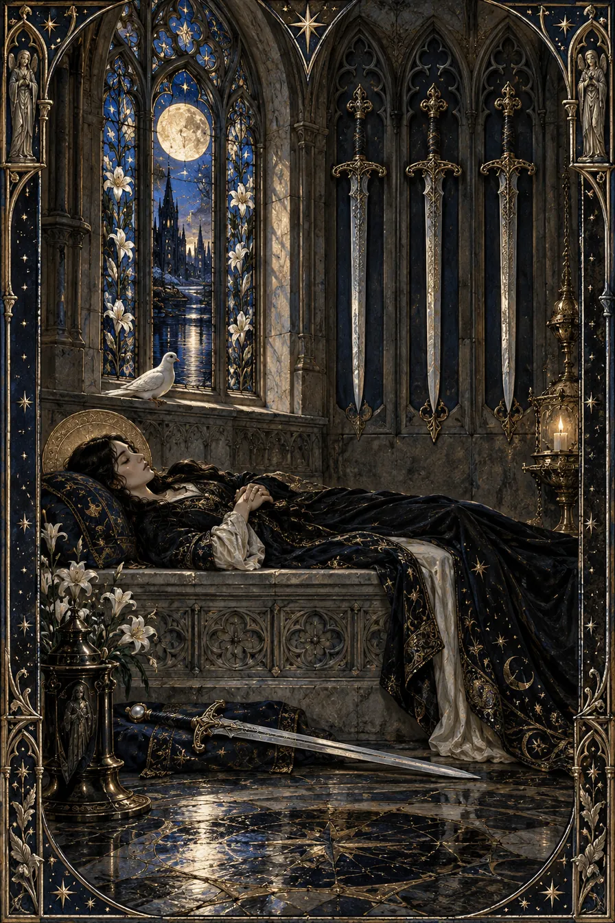 Four of Swords: The quiet chapel and resting swords make a sanctuary from constant reaction.