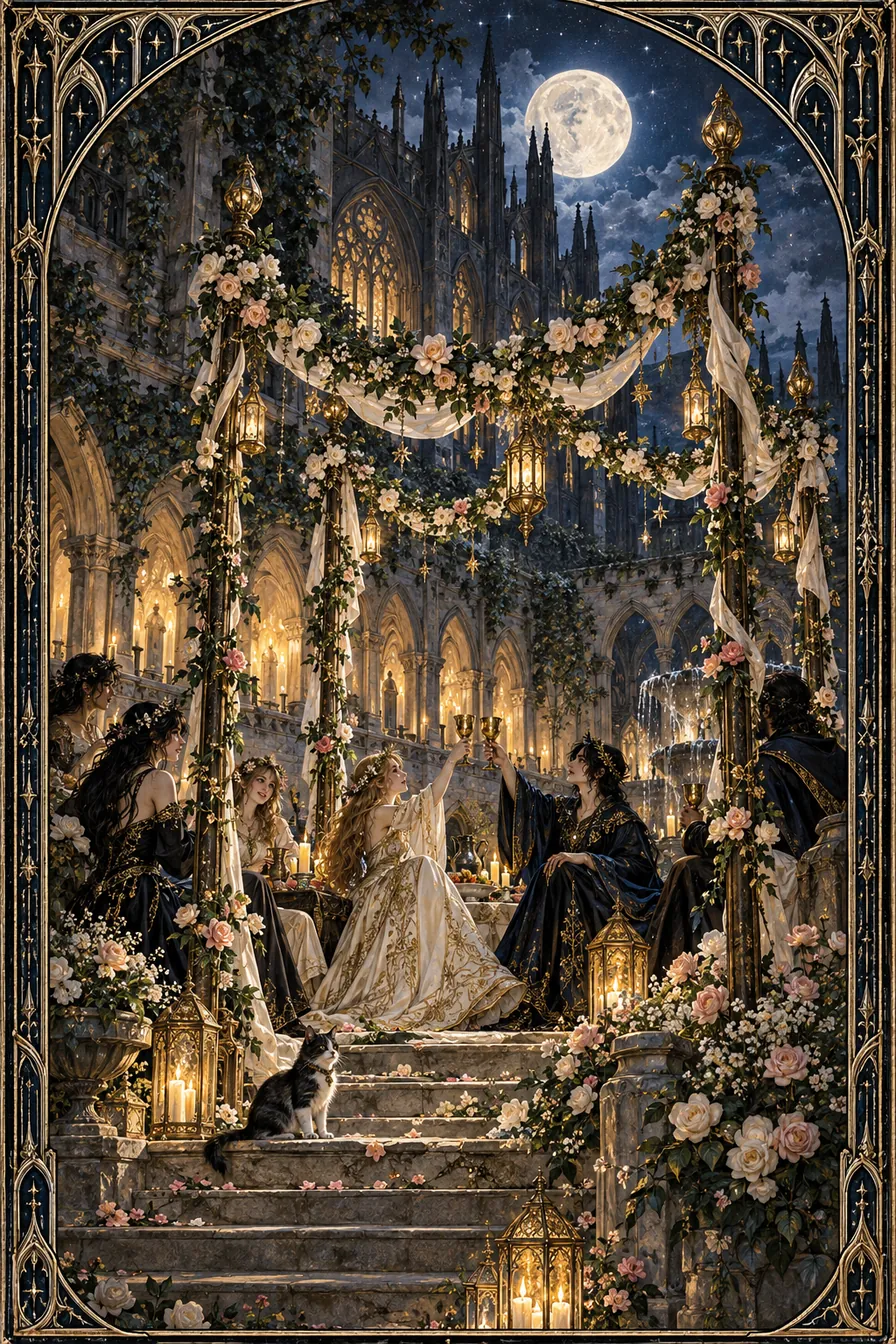 Four of Wands: Four wands make a ceremonial threshold where old stone becomes a place of welcome.