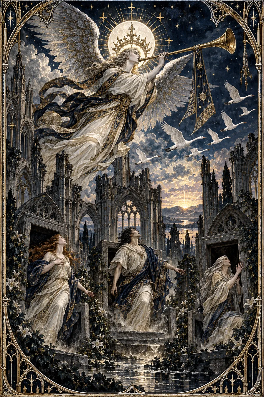 Judgement: The silver herald above the roofless abbey opens the old sanctuary to the sky, joining remembrance with a new beginning.