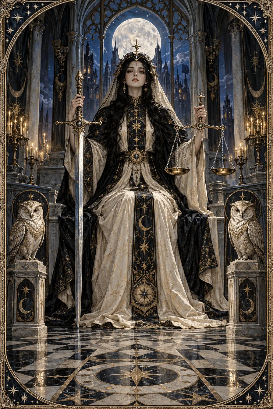 Justice: Silver scales balance beneath Gothic stone, pairing impartial attention with the human weight of every decision.
