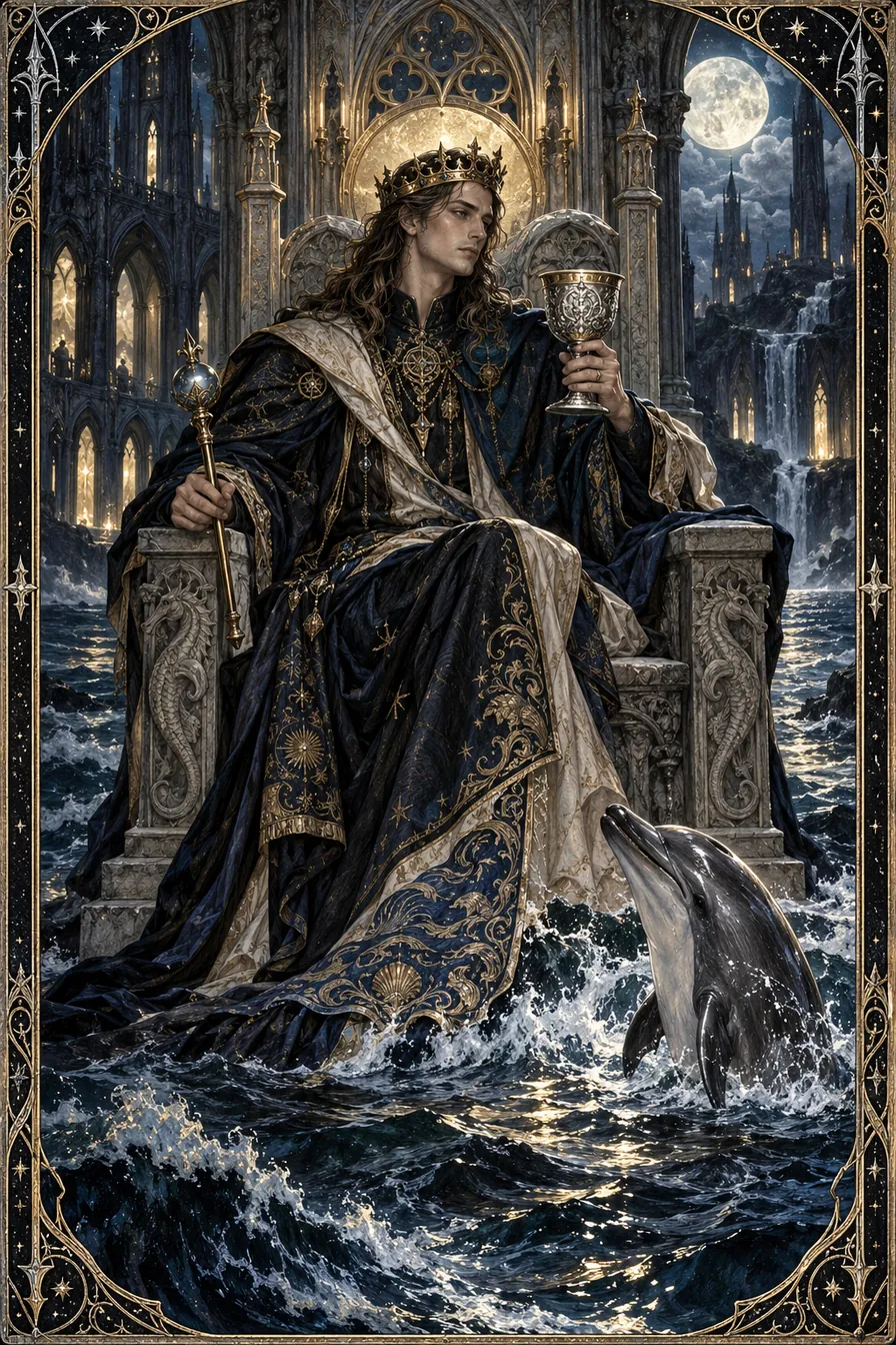 King of Cups: The cup sovereign remains centered amid the suit's waters, embodying feeling held with judgment rather than denied.