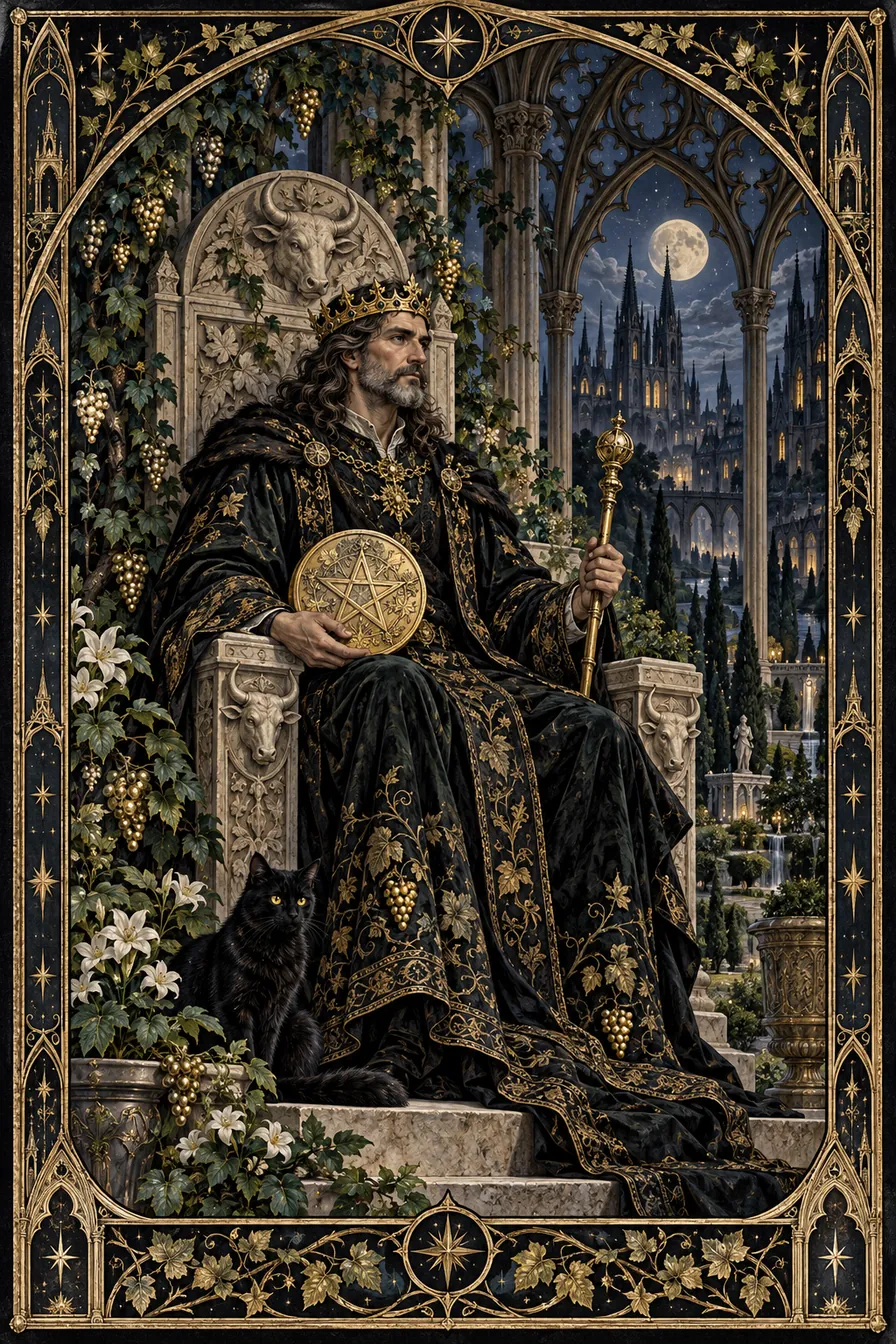 King of Pentacles: The pentacle sovereign's grounded throne represents responsibility for resources, continuity, and the lives supported by them.