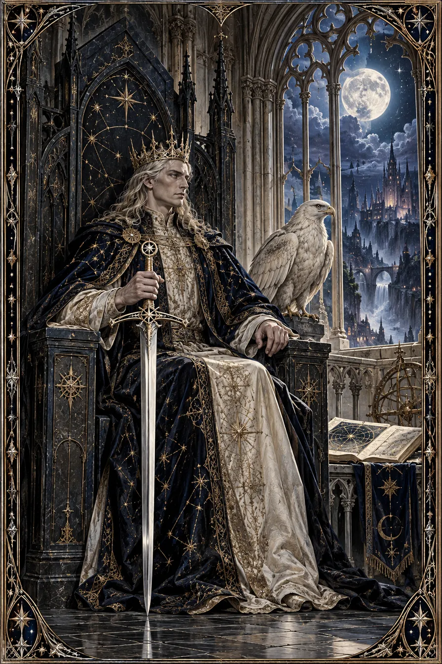 King of Swords: The sword sovereign's seat embodies intellectual authority and the ethical burden of using it.