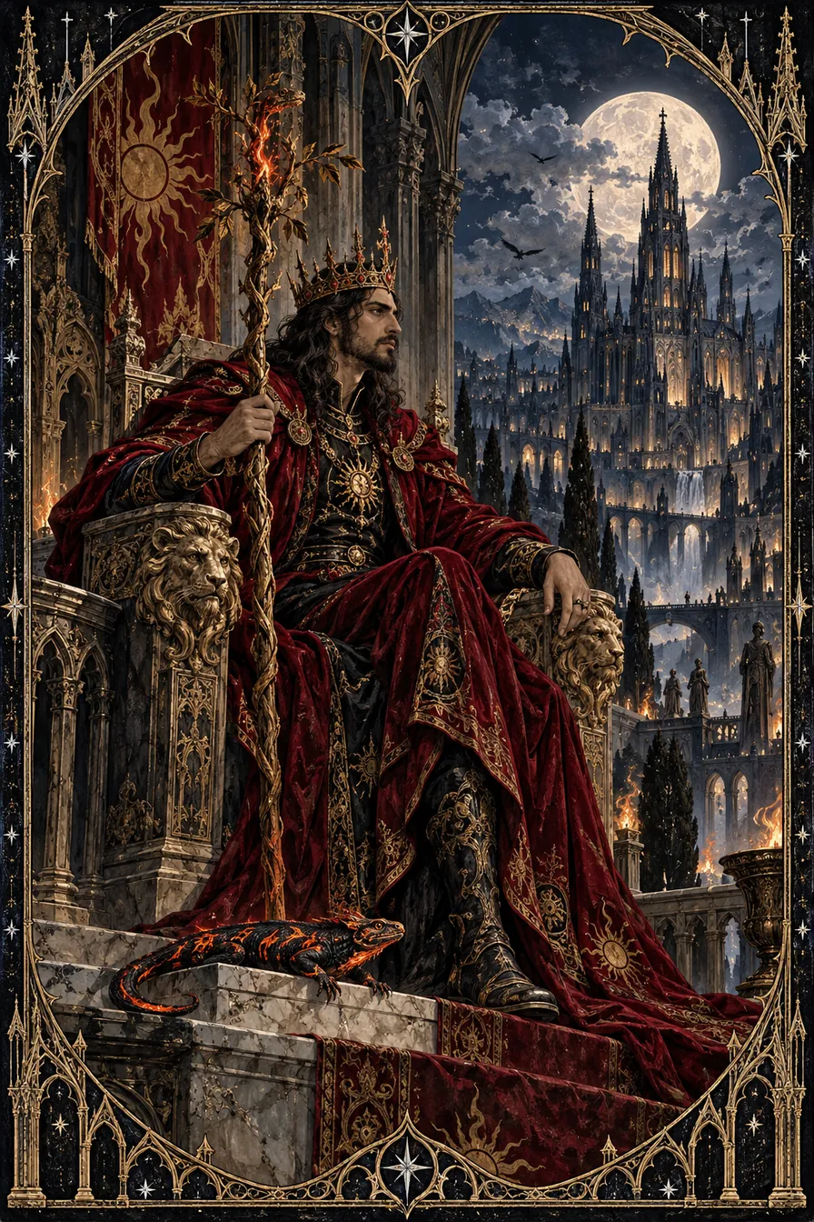 King of Wands: The fire sovereign's throne gives ambition a seat of responsibility within the cathedral world.