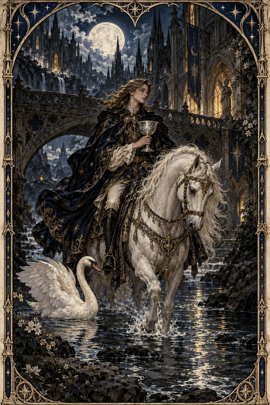 Knight of Cups: The cup-bearing rider moves through the Gothic landscape as a messenger of feeling and possibility.