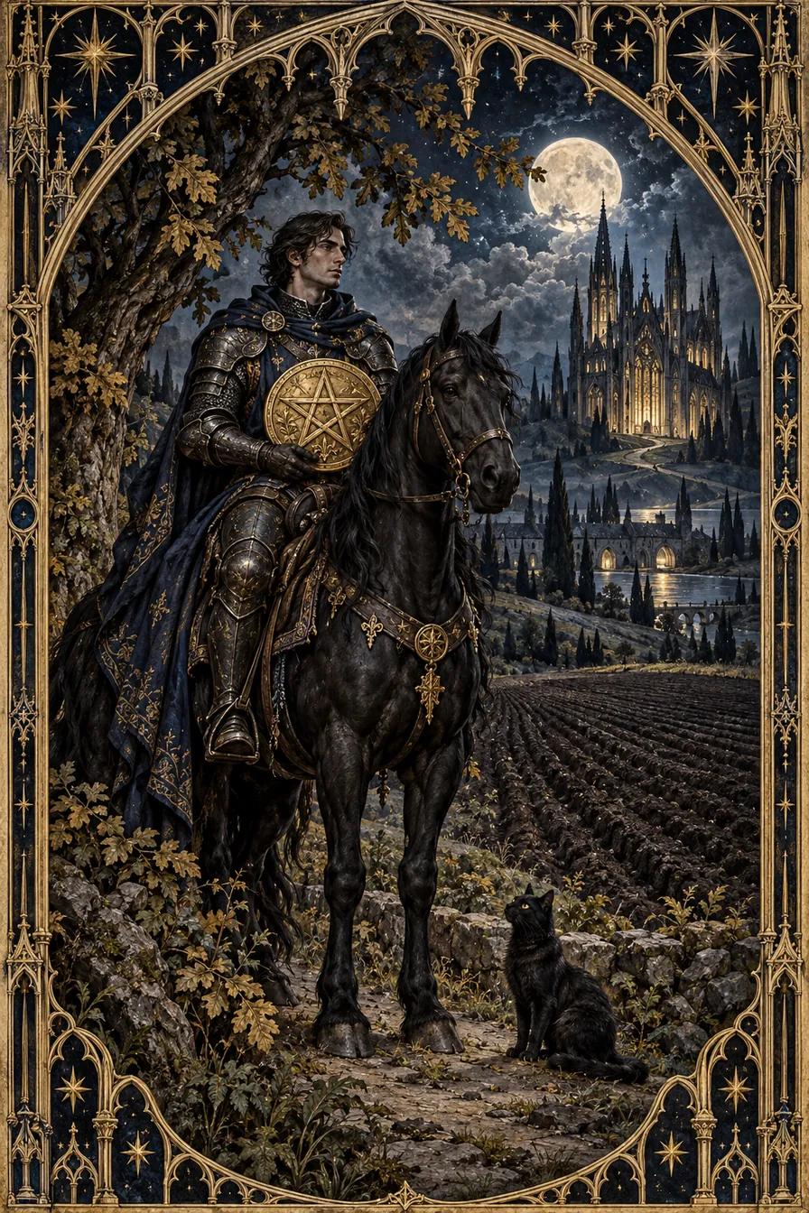 Knight of Pentacles: The steady rider and held pentacle give patience a visible direction through the Gothic landscape.