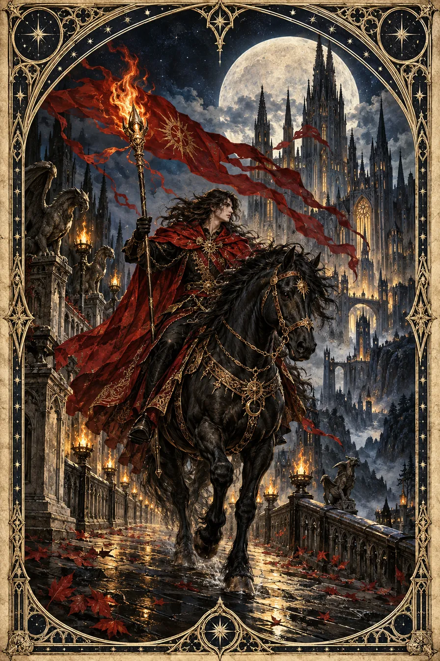 Knight of Wands: The moving rider carries the suit's fire out of the sanctuary and into uncertain country.