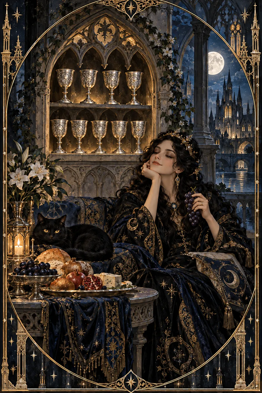Nine of Cups: The gathered cups create a chamber of plenty, inviting reflection on what makes abundance satisfying.
