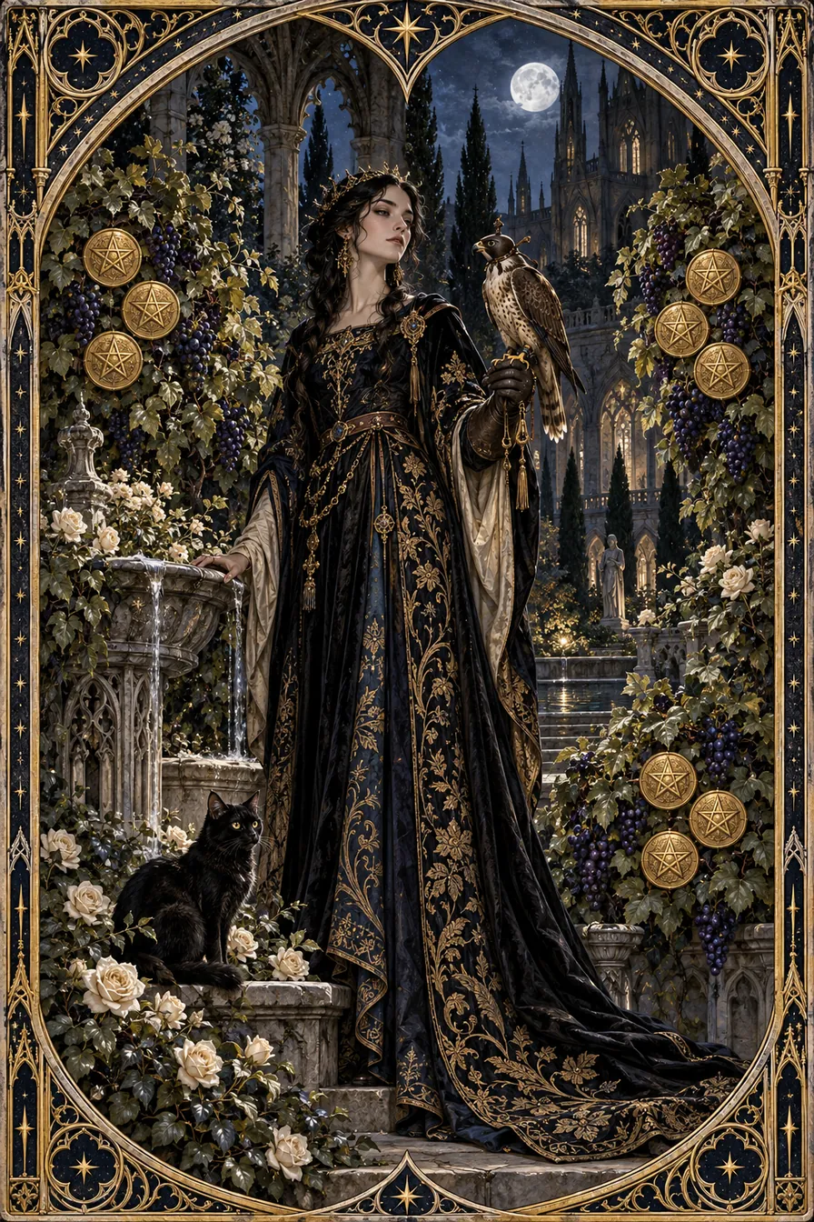 Nine of Pentacles: The garden and watchful bird surround the pentacles with cultivated beauty, linking sufficiency to care and discernment.