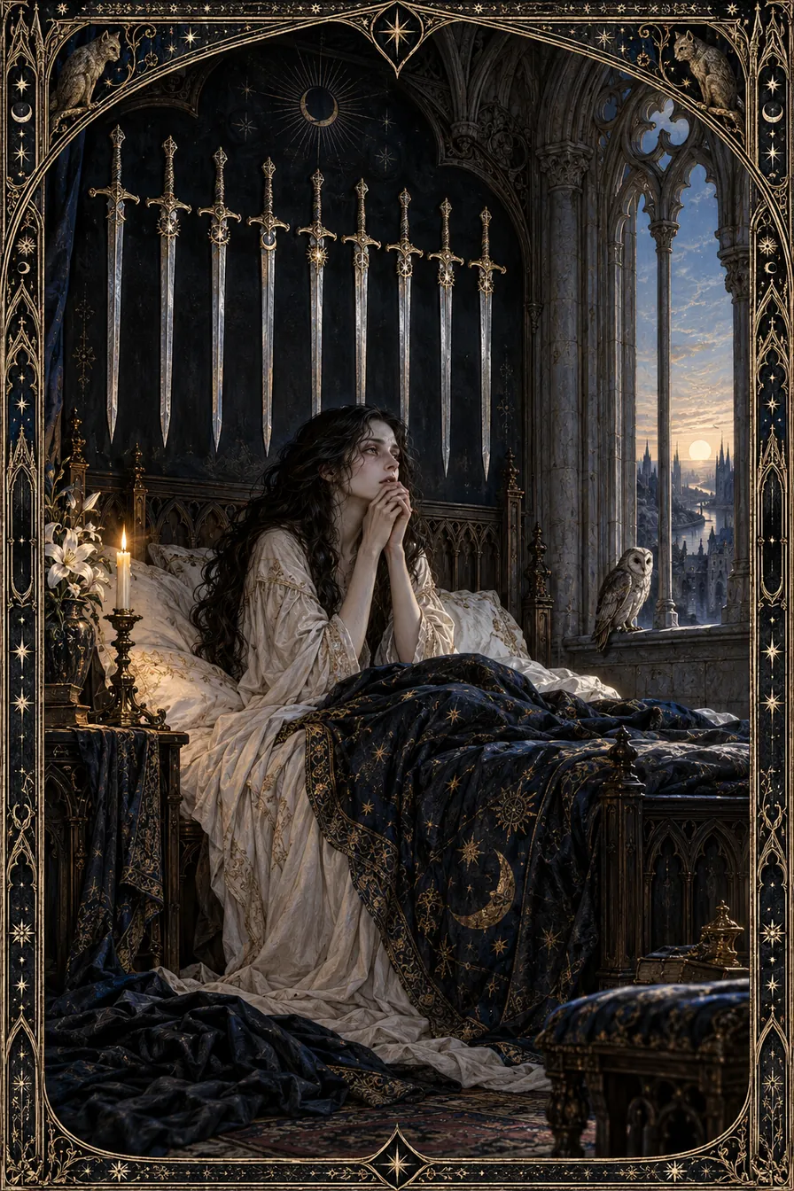 Nine of Swords: The night chamber and suspended blades give sleepless worry a symbolic architecture.