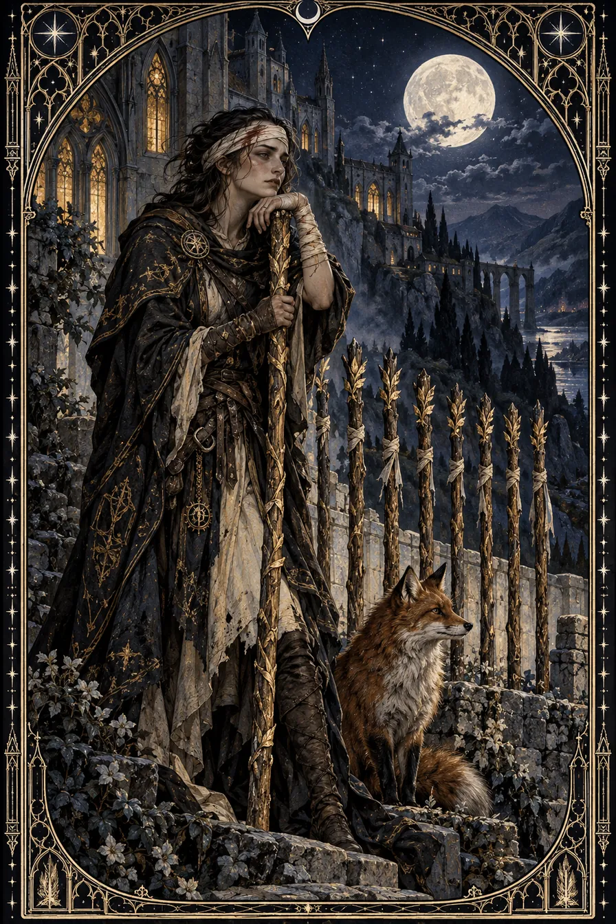 Nine of Wands: The guarded line of wands holds the history of effort, asking the watcher to balance readiness with repair.
