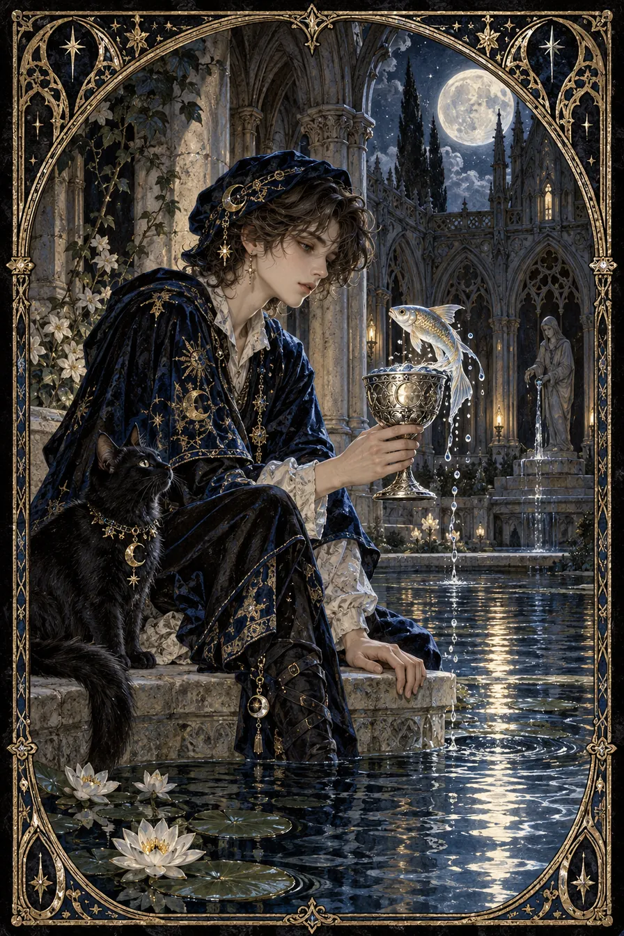 Page of Cups: The young cup bearer listens for a surprising voice within the vessel, giving imagination a playful form.