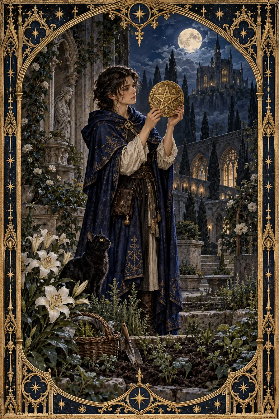 Page of Pentacles: The young bearer studies the pentacle closely, finding wonder in something concrete and workable.