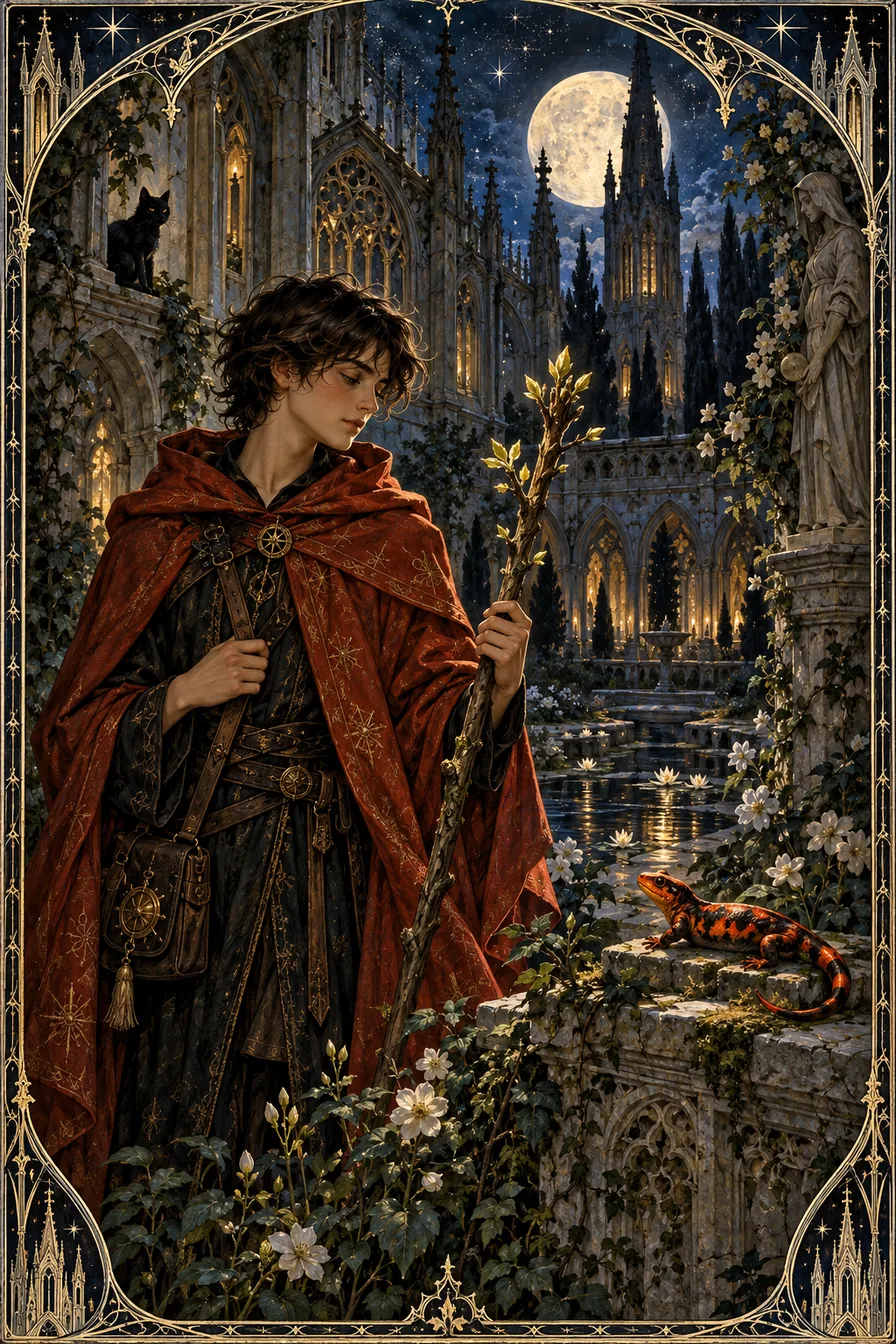 Page of Wands: The young wanderer studies a living wand as an invitation to discover what the world might become.