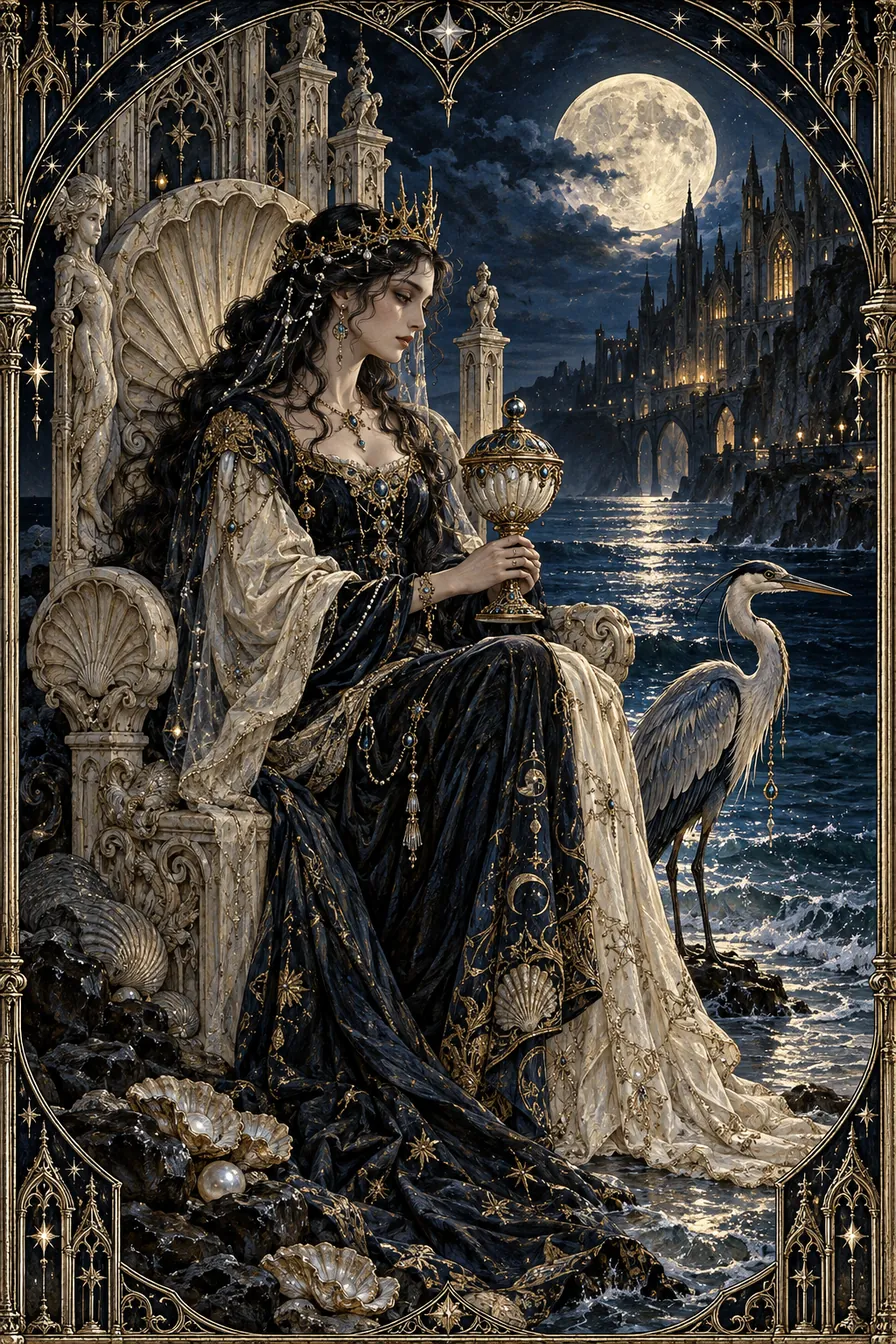 Queen of Cups: The queen's attentive relationship with the cup gives feeling a place of dignity and reflective depth.