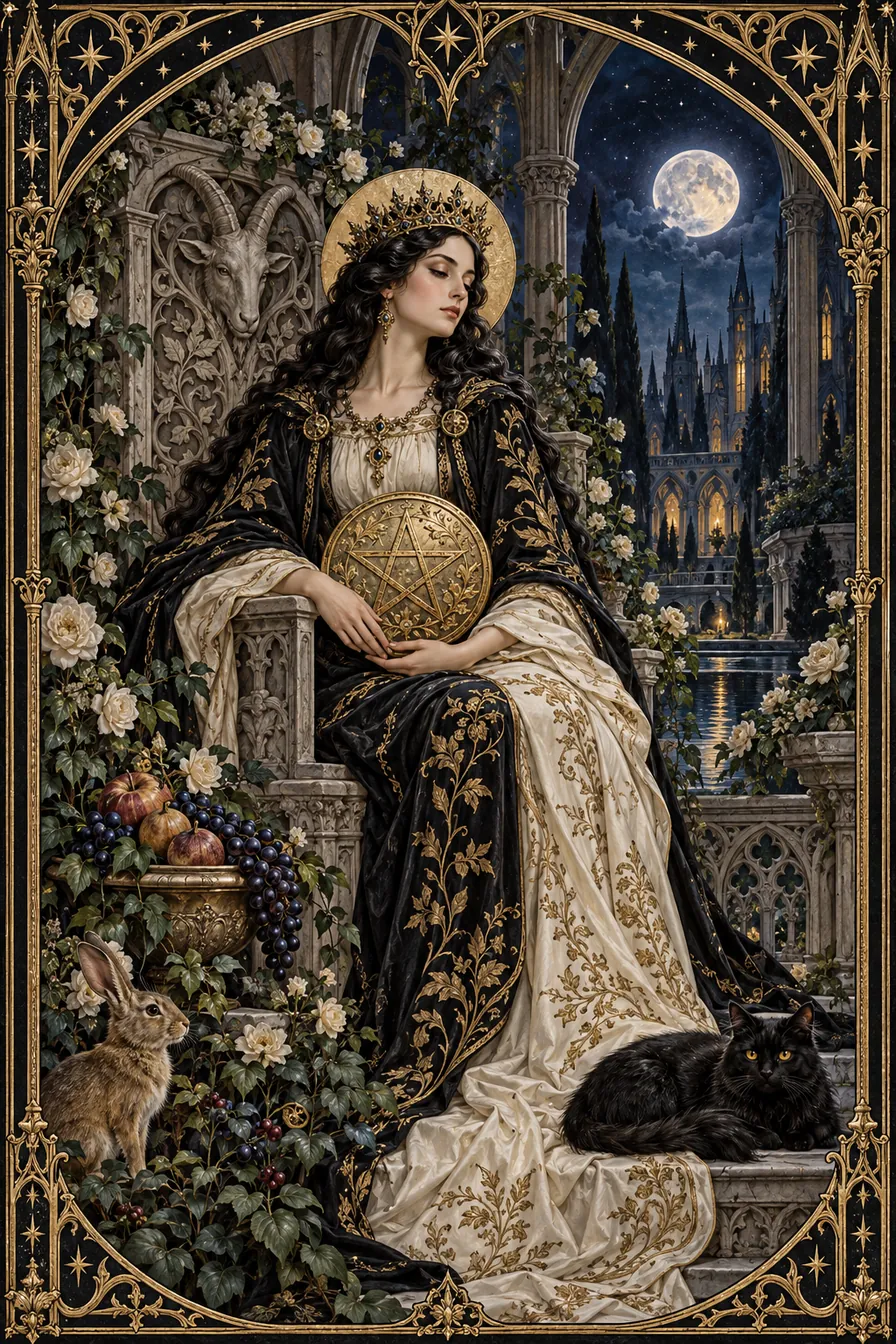 Queen of Pentacles: The queen's pentacle and living surroundings join practical skill with the care that makes a place habitable.