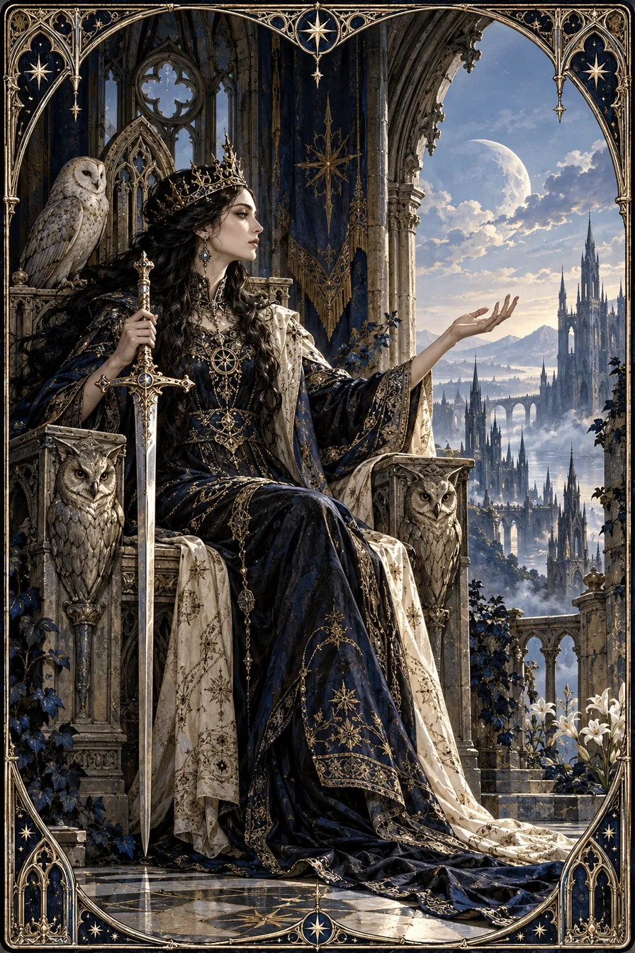 Queen of Swords: The queen's silver blade and watchful presence join clear judgment with the knowledge of lived difficulty.