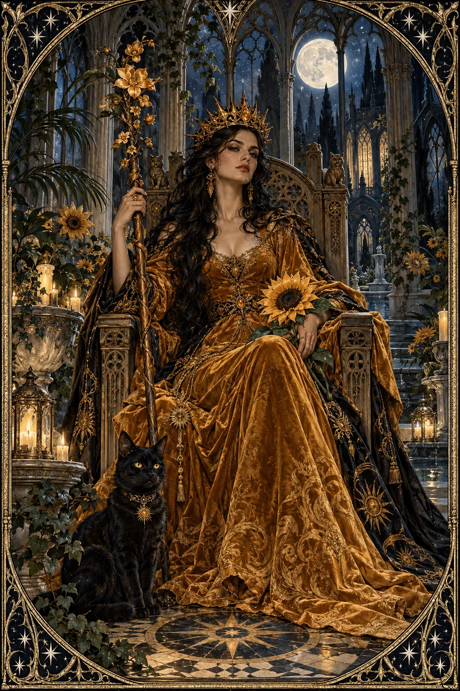 Queen of Wands: The sovereign of living fire holds a confident place in the Gothic court, joining creative power with animal instinct.