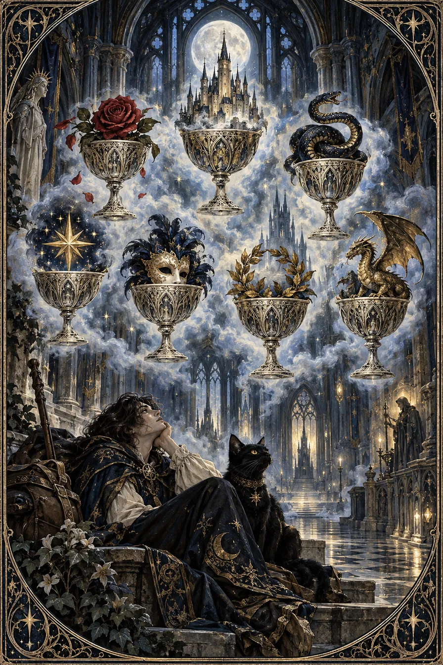 Seven of Cups: The many cups hold differing visions, turning desire into a gallery that requires discernment.