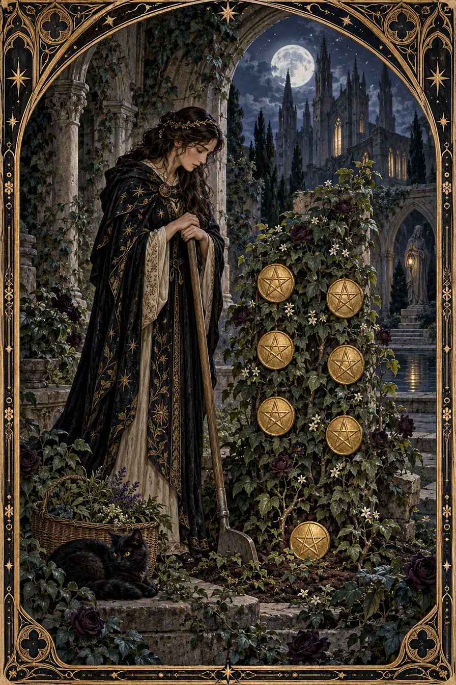 Seven of Pentacles: Pentacles growing among tended vines link practical reward with seasons, care, and the uncertainty of cultivation.