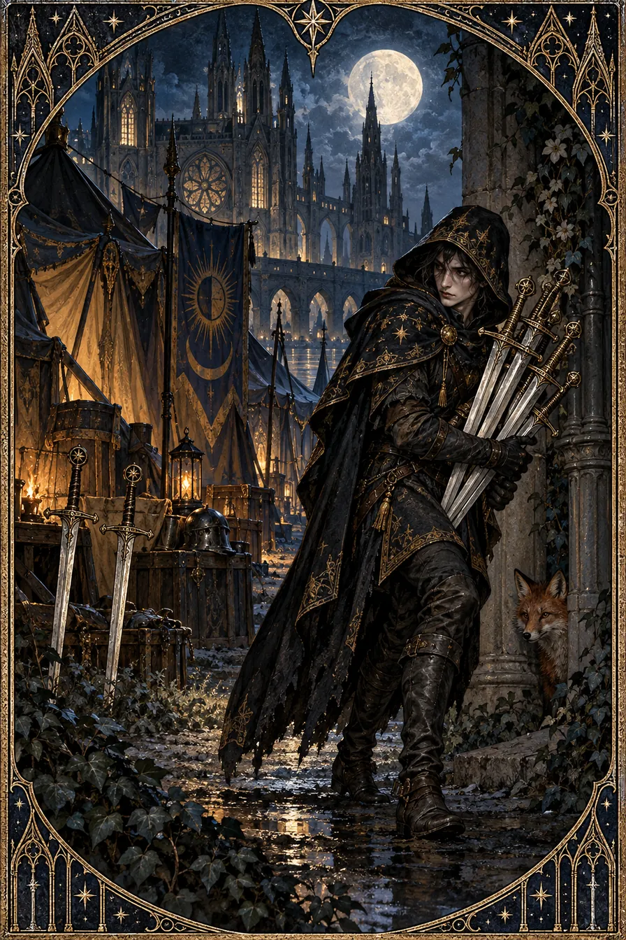 Seven of Swords: The cautious figure and watchful fox evoke intelligence, concealment, and the line between discretion and deception.