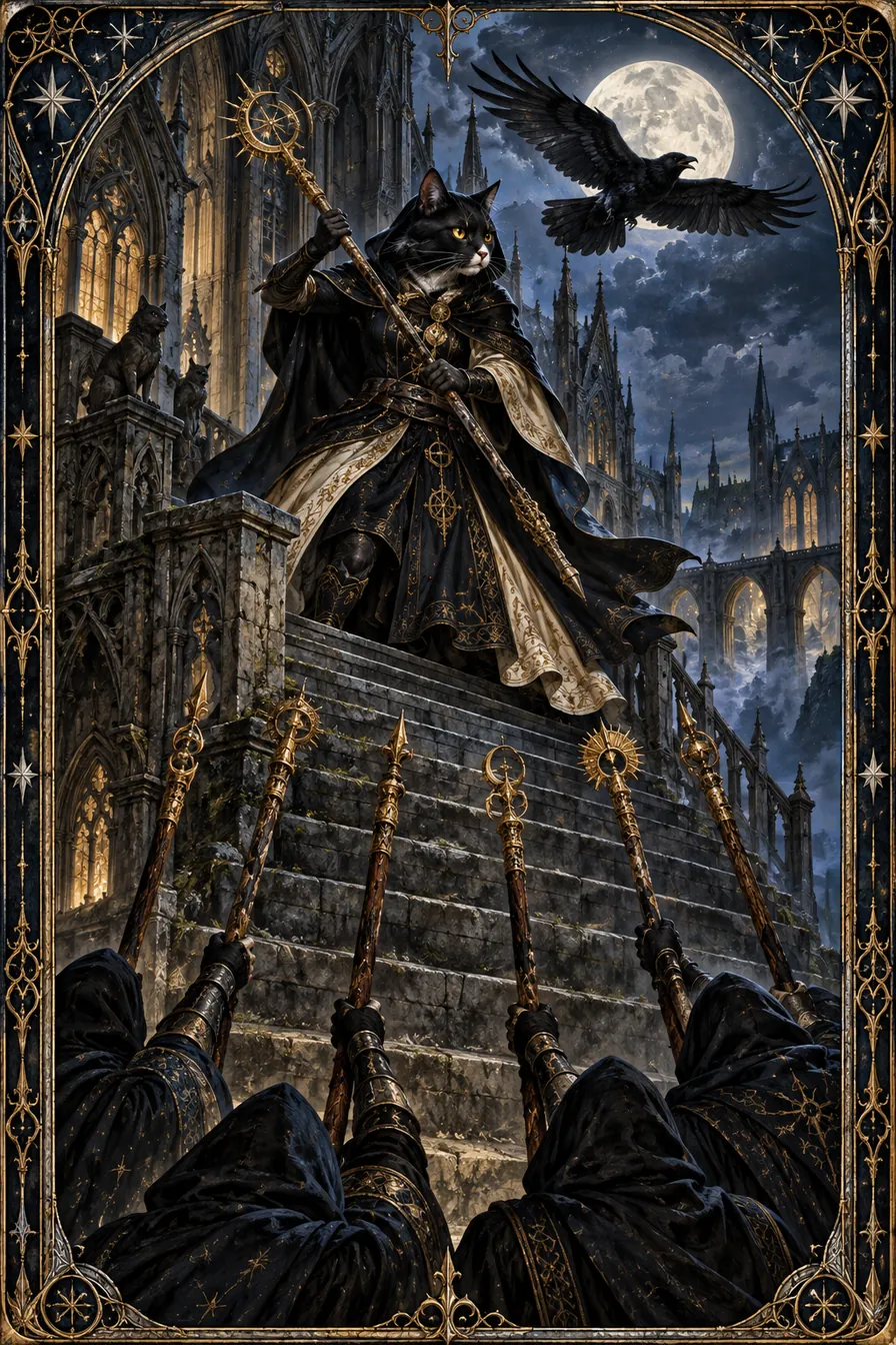 Seven of Wands: Raised wands and an elevated position evoke the pressure of defending a hard-won place.