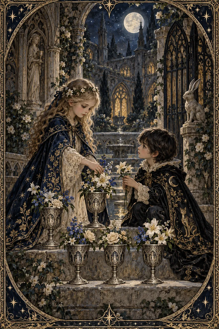 Six of Cups: The cups carry the gentleness of an earlier season into the cathedral's weathered space.