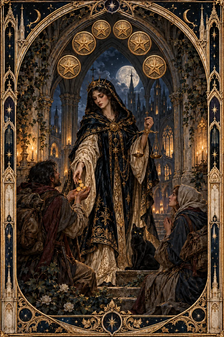 Six of Pentacles: The distribution of pentacles makes material exchange visible as an ethical relationship.