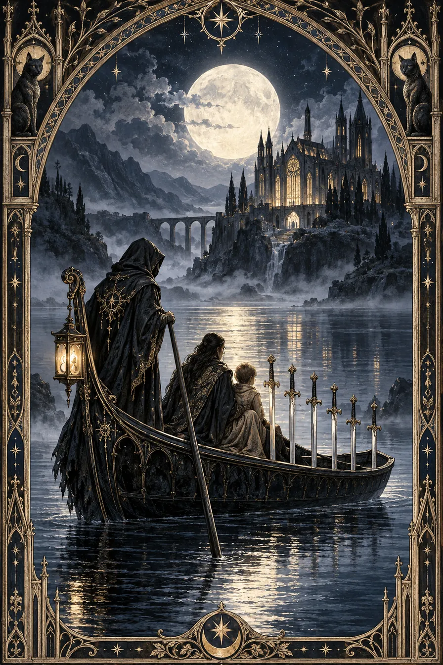 Six of Swords: The journey with six swords carries memory across the water rather than leaving all experience behind.