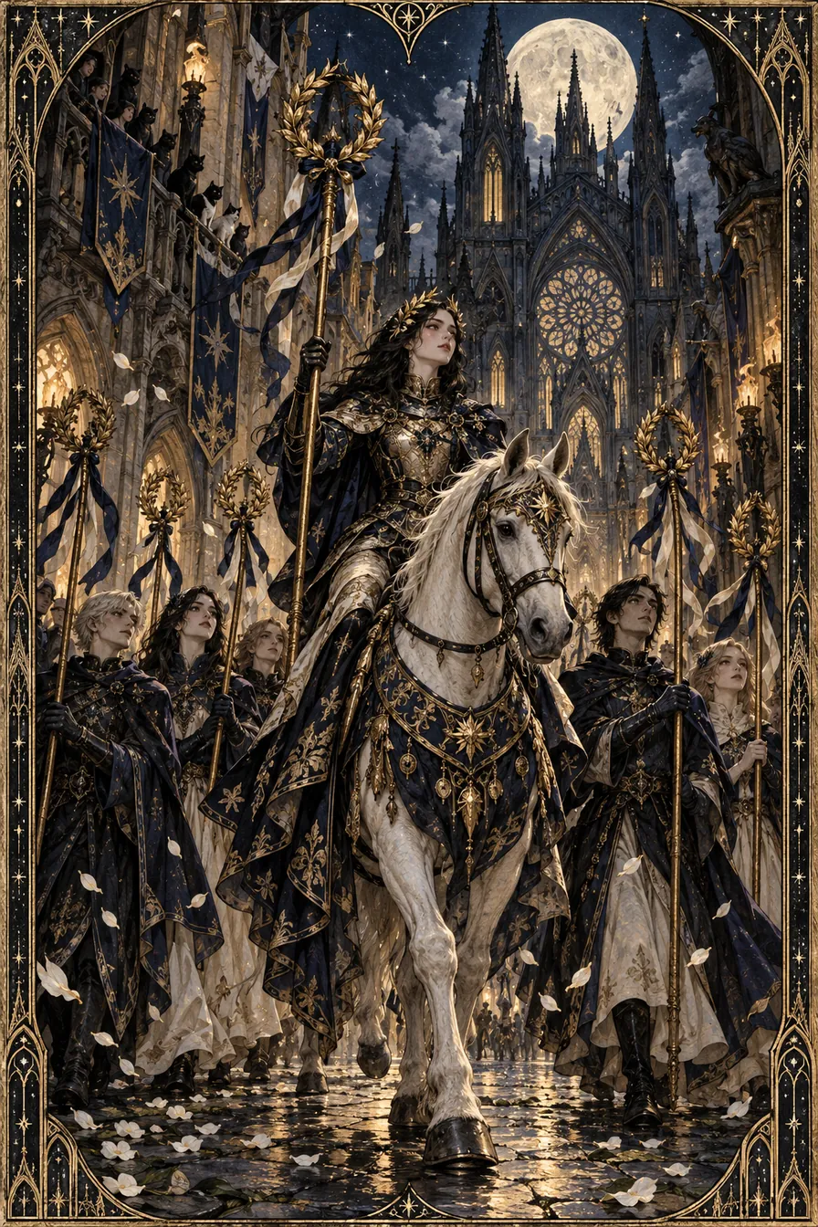 Six of Wands: The ceremonial procession gives public form to achievement while the cathedral reminds the victor of a larger community.
