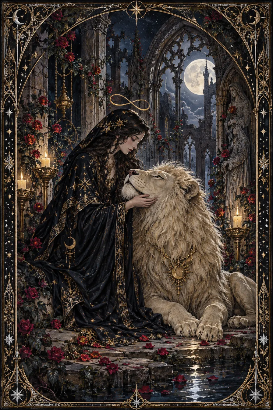 Strength: The rose chapel joins vulnerability with courage, and the animal companion gives instinct a place within conscious care.