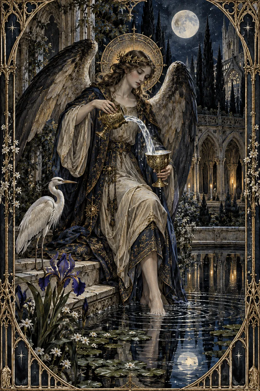 Temperance: Water exchanged beside the cloister pool makes balance visible as a living process of adjustment rather than a fixed ideal.
