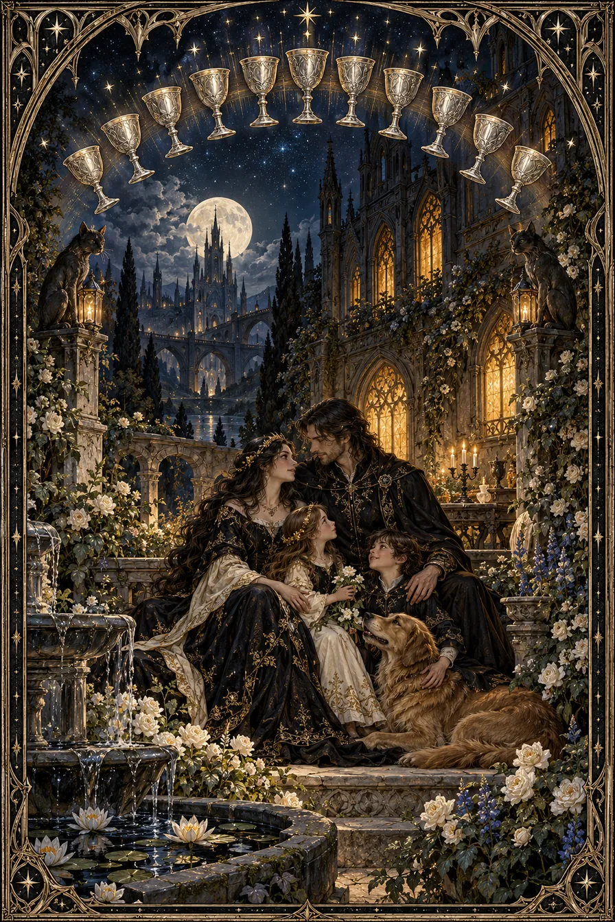 Ten of Cups: The completed arc of cups links individual feeling to a wider life of shared shelter and care.