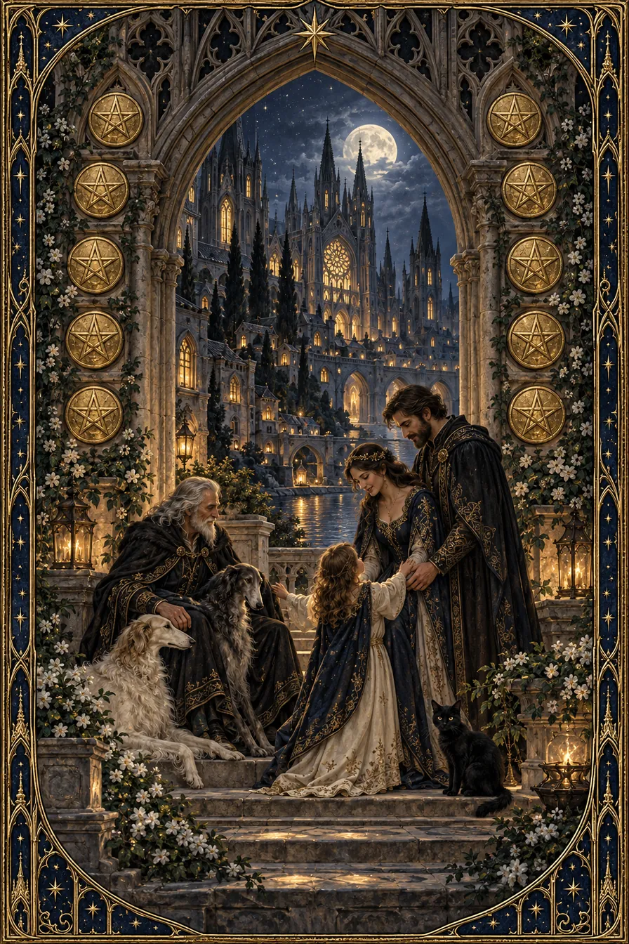 Ten of Pentacles: Pentacles arranged around the Gothic household connect personal effort to generations and a wider circle of care.